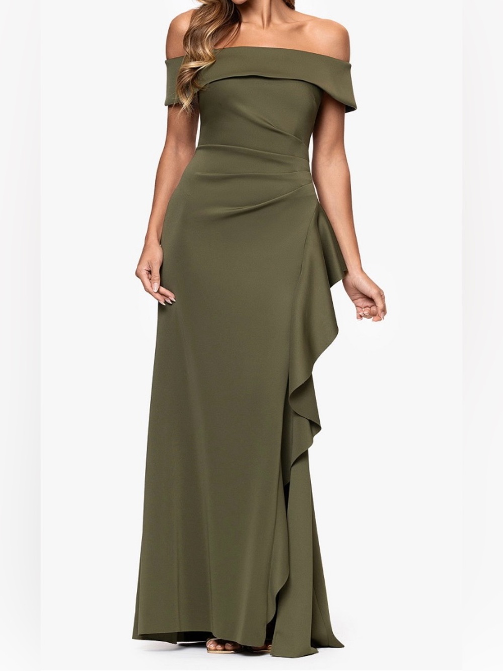 Xscape Olive Off-Shoulder Ruffle Gown